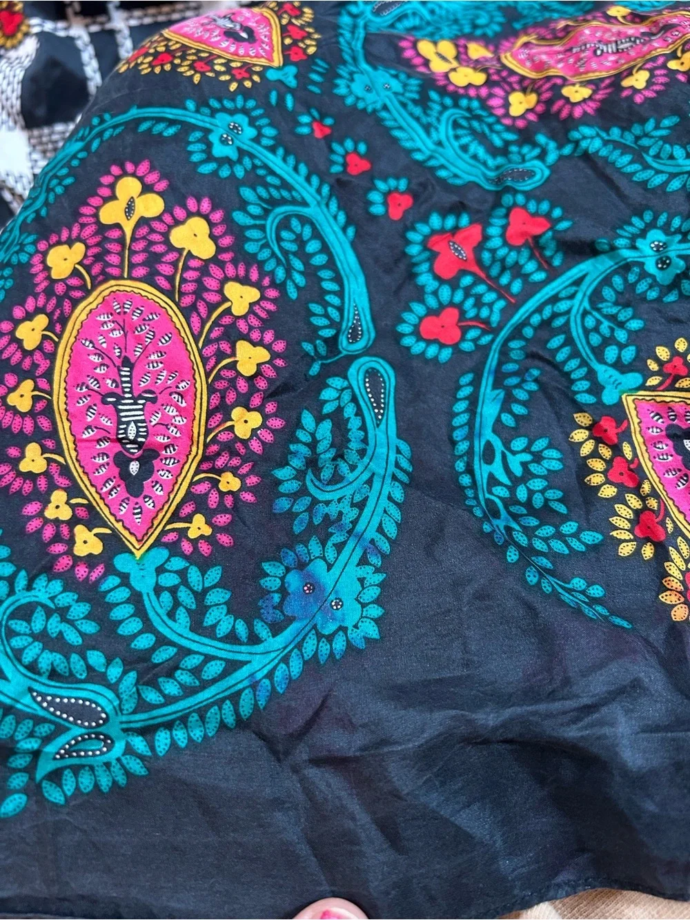 Diane Von Furstenberg Navy Scarf with Pink and Teal Floral Medallions